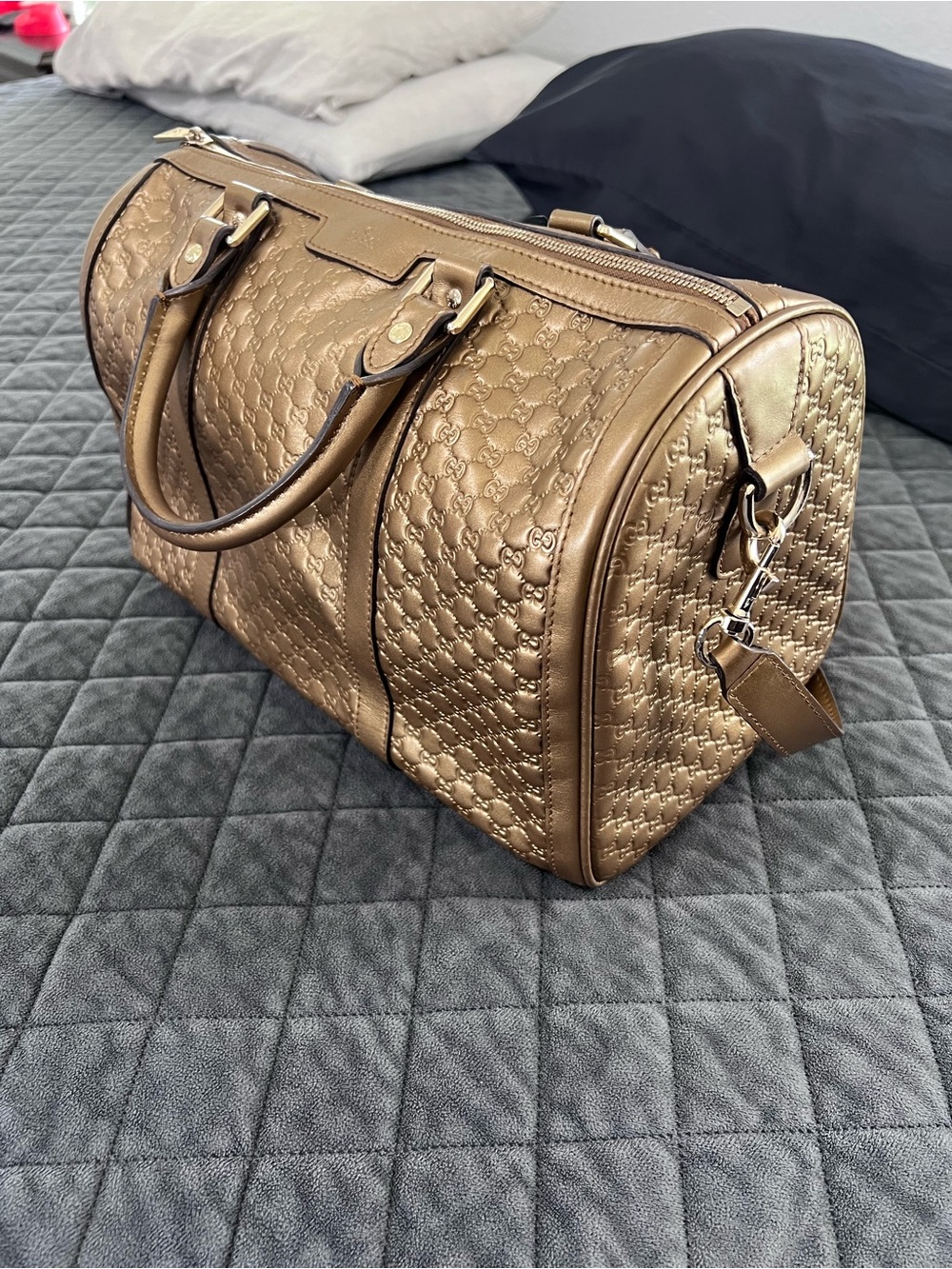 Gucci Boston Purse Metallic Bronze Duffle Bag Style Gold Crossbody Strap - Picture 4 of 16